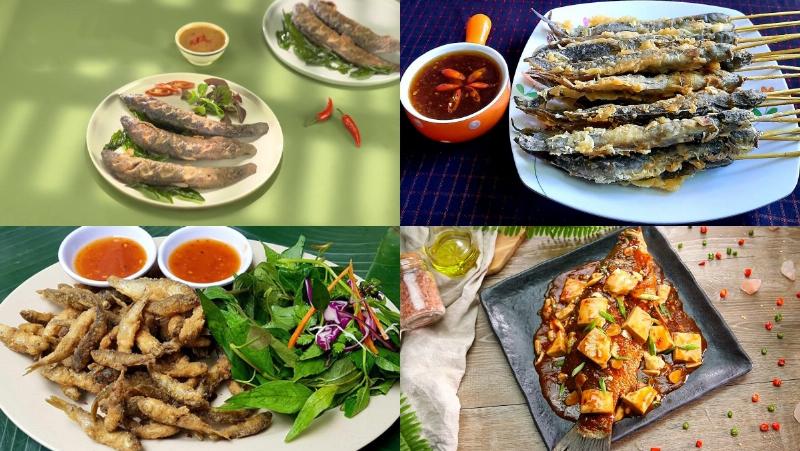 Miếng cá chim chiên vàng ươm, da giòn rụm, thịt trắng, đặt trên đĩa cùng rau sống và chén nước chấm