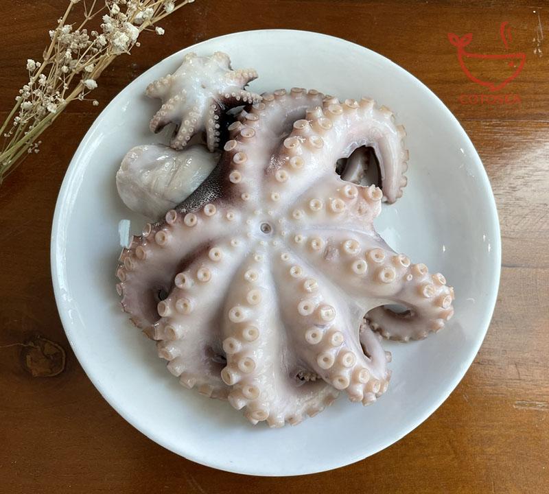 Bạch tuộc luộc giòn đang được trộn đều với nước sốt Thái sền sệt trong một chiếc tô lớn.