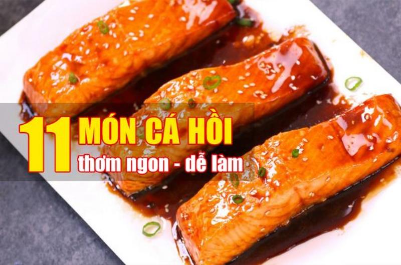 Một đĩa các món ăn hấp dẫn chế biến từ cá hồi như sashimi, nướng, áp chảo