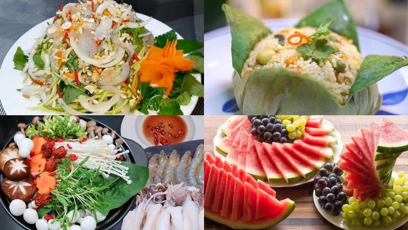 Một bàn ăn thịnh soạn với nồi lẩu ngọt thập cẩm đang sôi trên bếp, xung quanh là đĩa nguyên liệu nhúng đầy màu sắc và bát đũa sẵn sàng thưởng thức