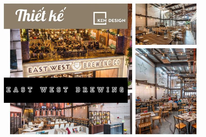 Không gian nội thất hiện đại, ấm cúng của East West Brewing Da Nang với khu vực quầy bar và bàn ghế sắp xếp hợp lý.